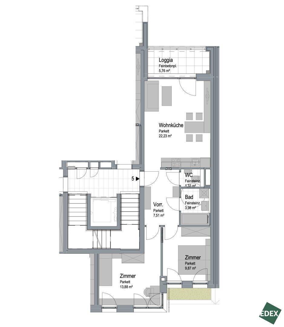 Grundriss einer Wohnung mit offener Wohnküche, zwei Zimmern, Bad, WC und einer Loggia.