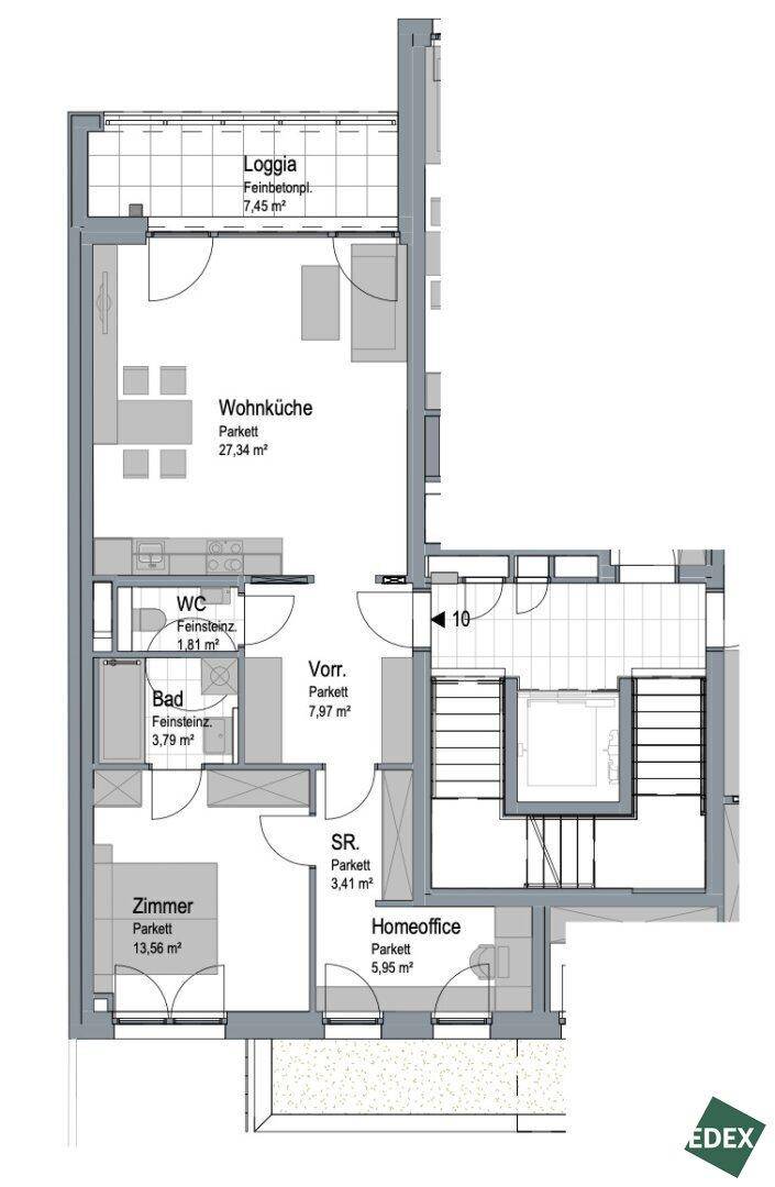 Grundriss einer Wohnung mit Wohnküche, Loggia, Bad und separatem WC.