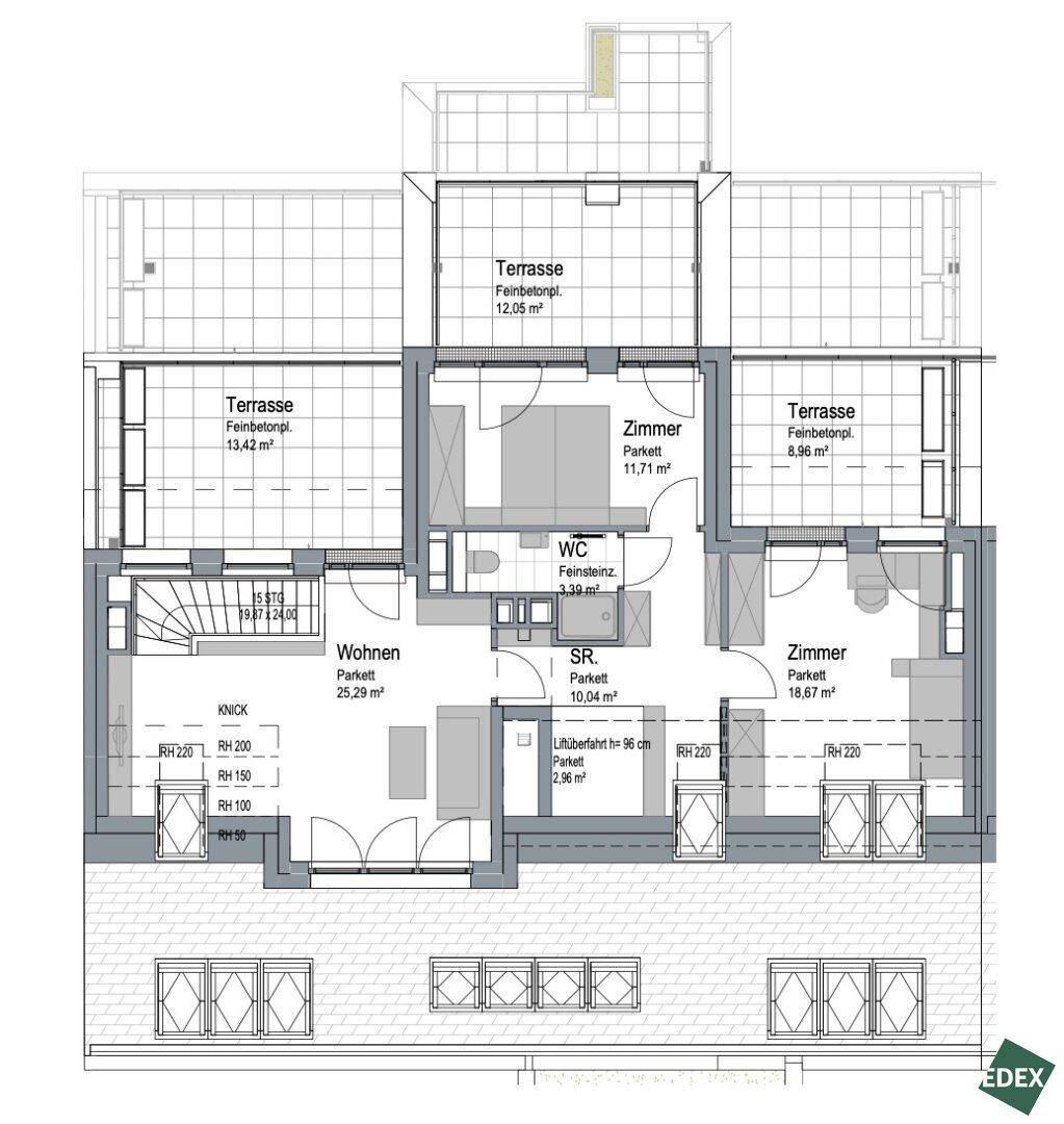 Grundriss einer Wohnung mit Wohnbereich, zwei Schlafzimmern, WC und mehreren Terrassen.