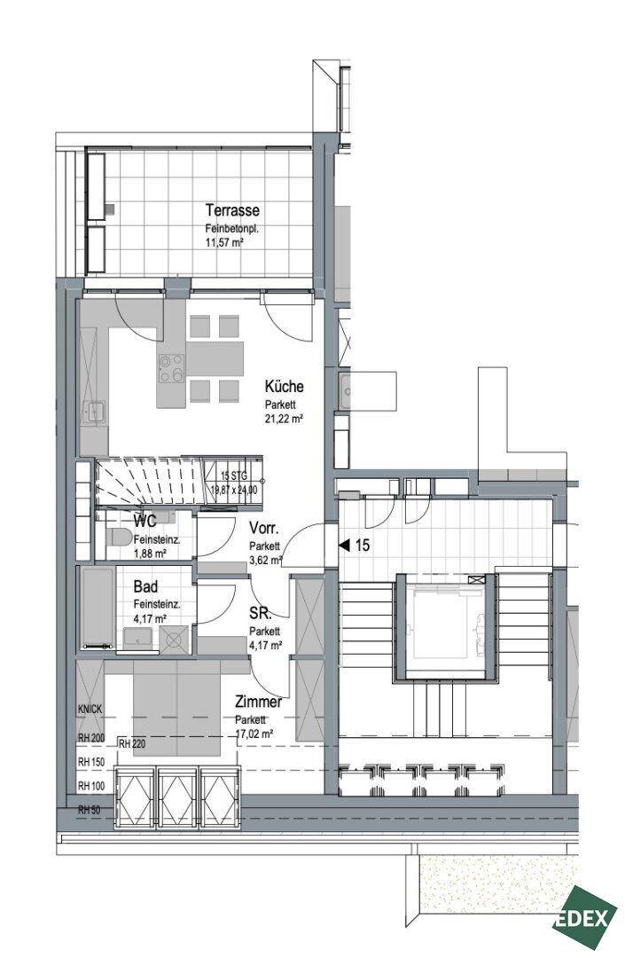 Grundriss einer Wohnung mit offener Küche, Bad, separatem WC und einer großzügigen Terrasse.