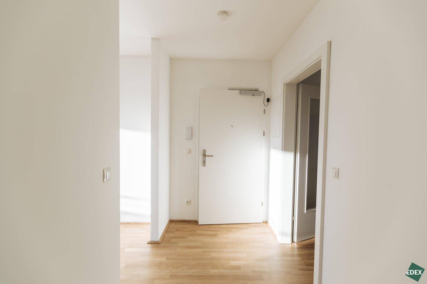 Heller Eingangsbereich mit Holzboden und weißer Wohnungstür.