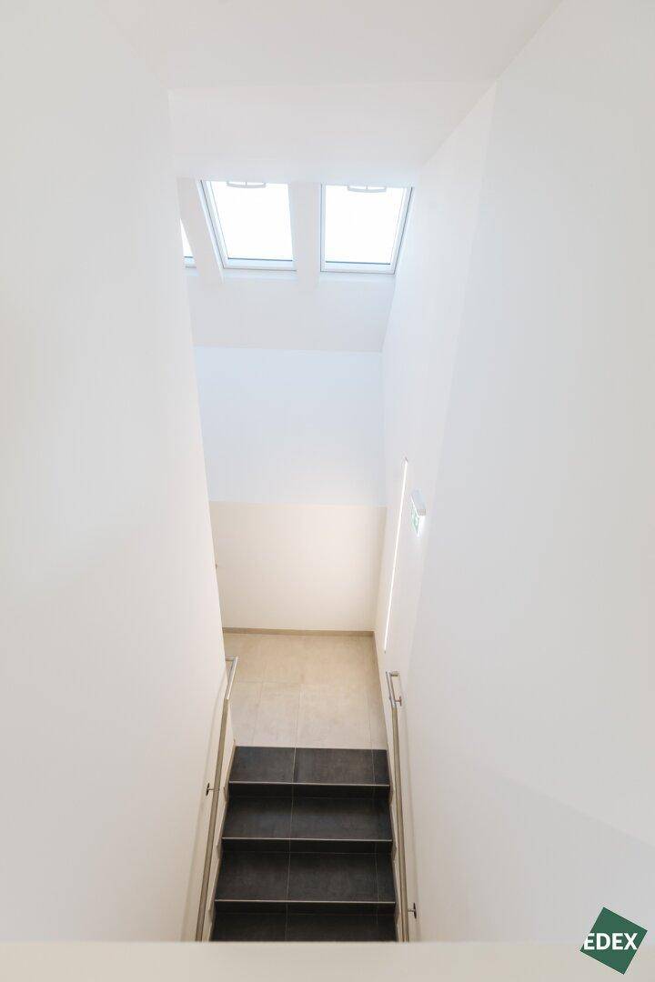 Treppenhaus mit dunklen Stufen und Dachfenstern, die für natürliches Licht sorgen.