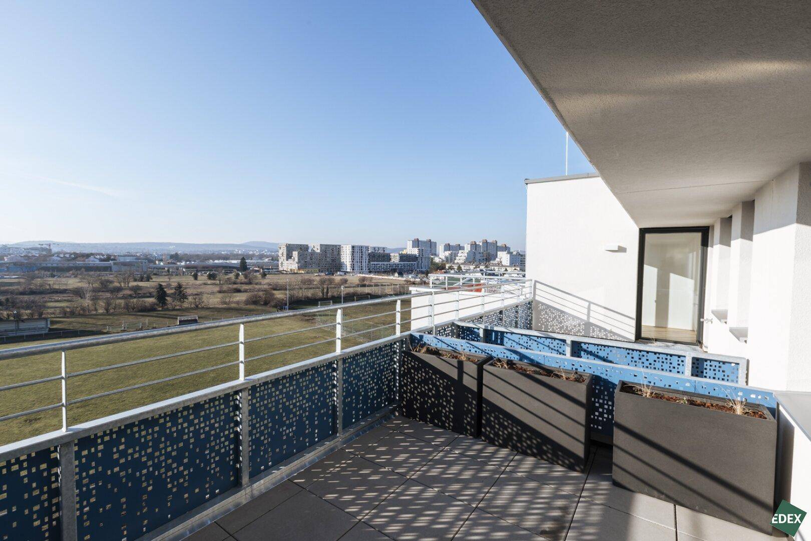 Geräumiger Balkon mit modernem blauen Geländer und weitem Blick auf die Stadt und Natur.