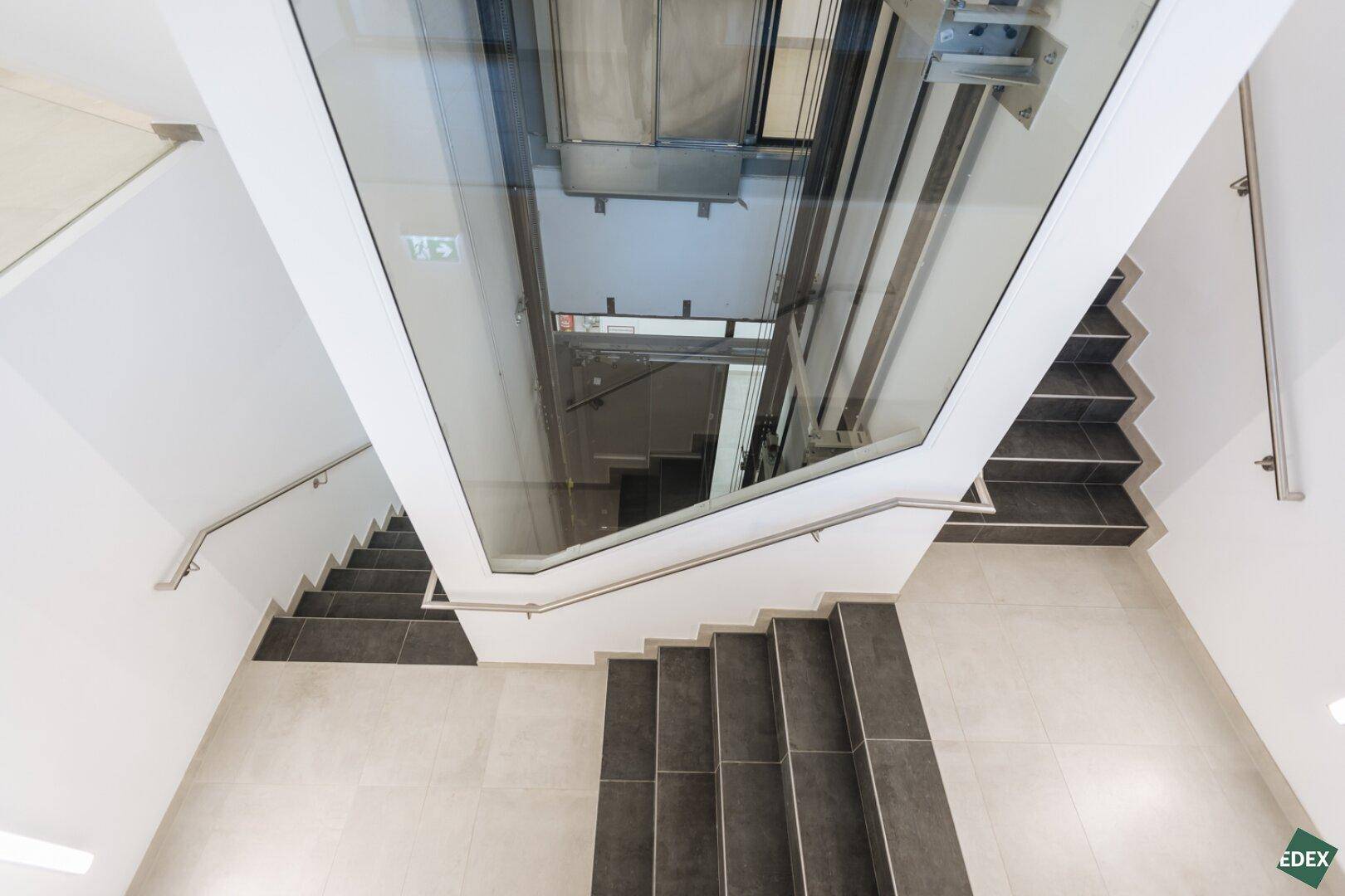 Blick von oben auf das Treppenhaus mit gläsernem Aufzug und modernen Stufen.