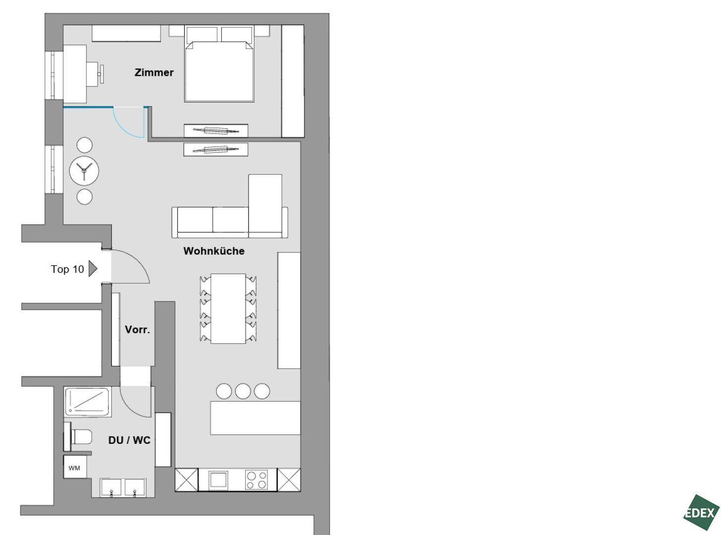 Grundriss der Wohnung mit Schlafzimmer, Wohnküche und Badezimmer.