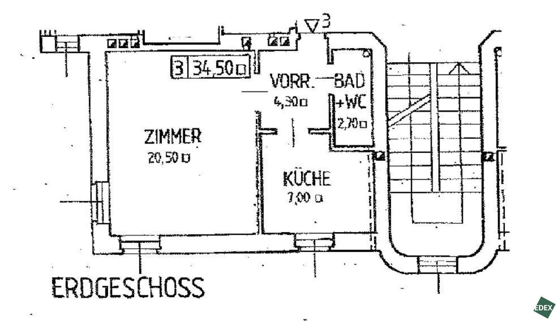 Grundriss des Erdgeschosses mit Zimmer, Küche, Bad und WC, inklusive Flächenangaben.