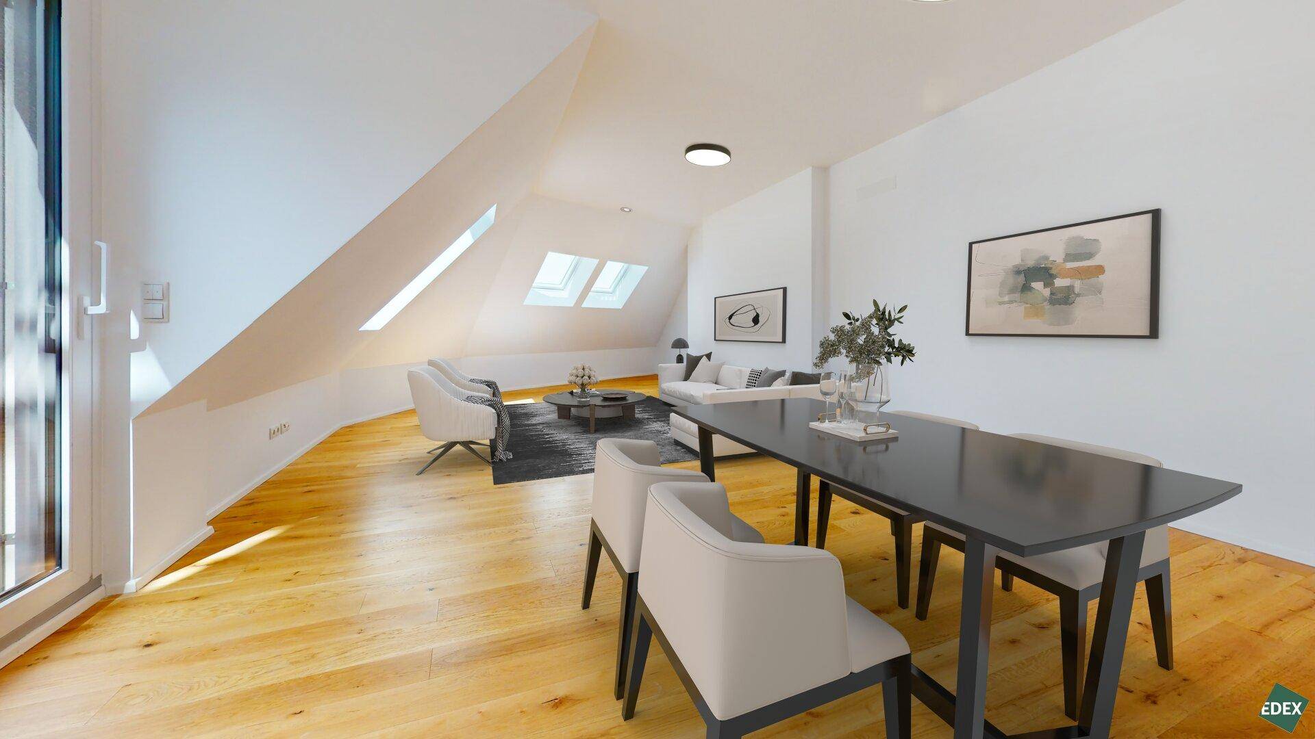 Modern eingerichteter Wohn- und Essbereich im Dachgeschoss mit Holzboden und viel Tageslicht.