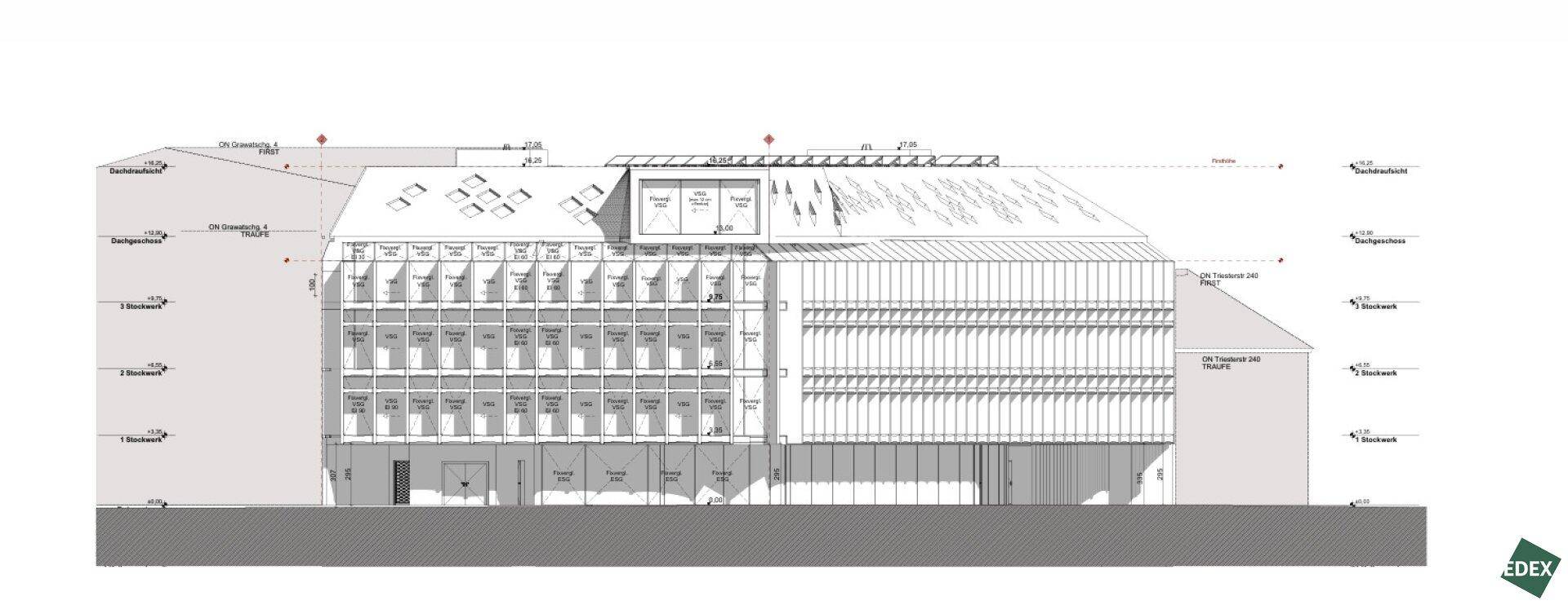 Architektonische Seitenansicht des Gebäudes mit detaillierter Fassadengestaltung und Dachstruktur.