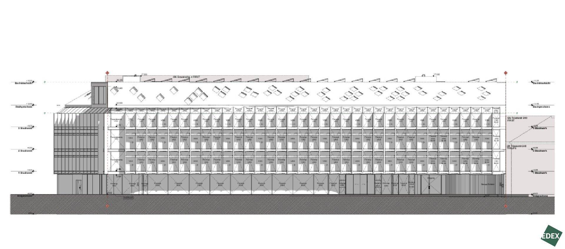 Architektonische Ansicht der Gebäudefassade mit vielen Fenstern und einer strukturierten Dachfläche.
