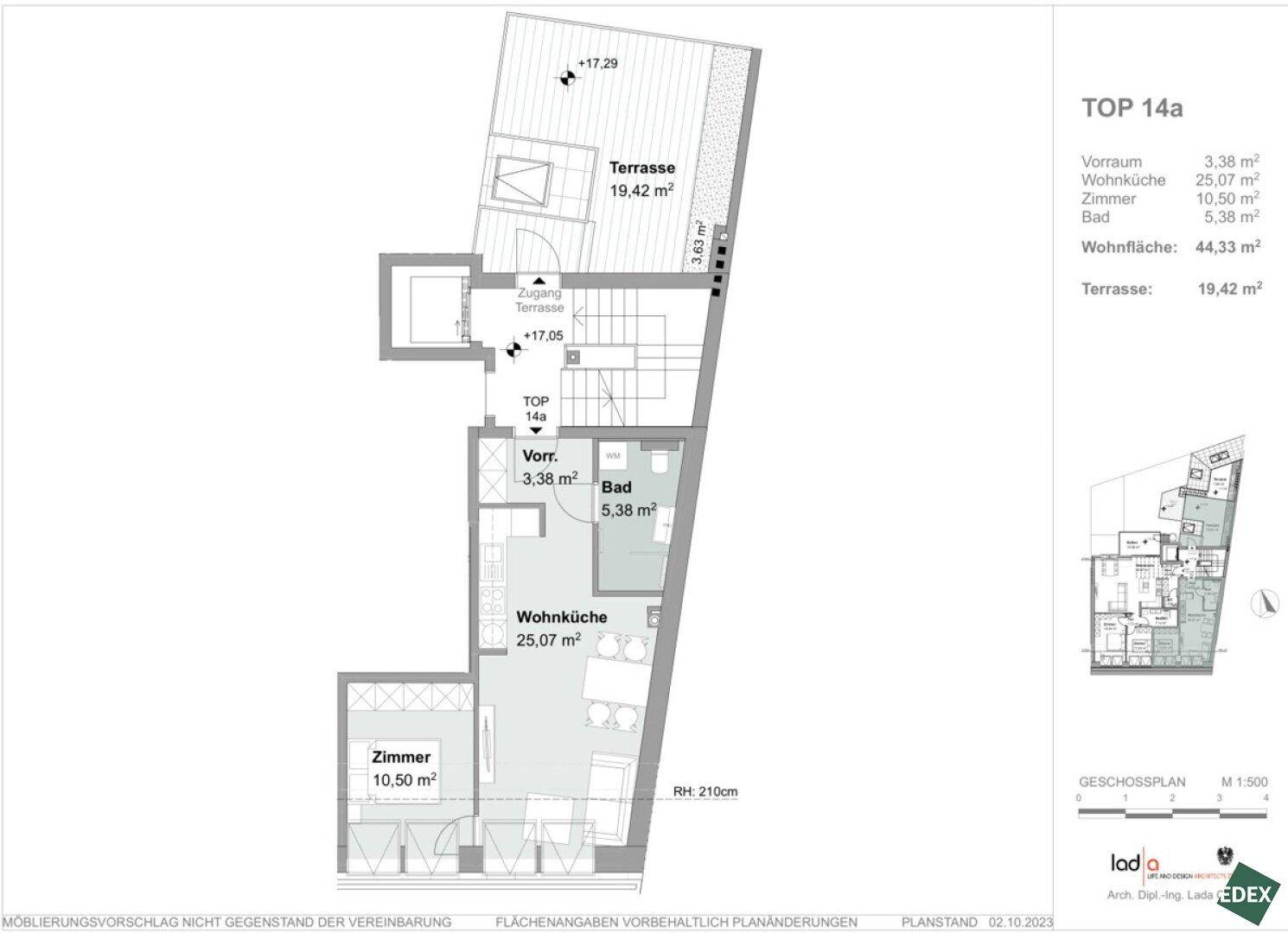 Grundriss einer Wohnung mit offener Wohnküche, einem Schlafzimmer, Bad und einer großen Terrasse.