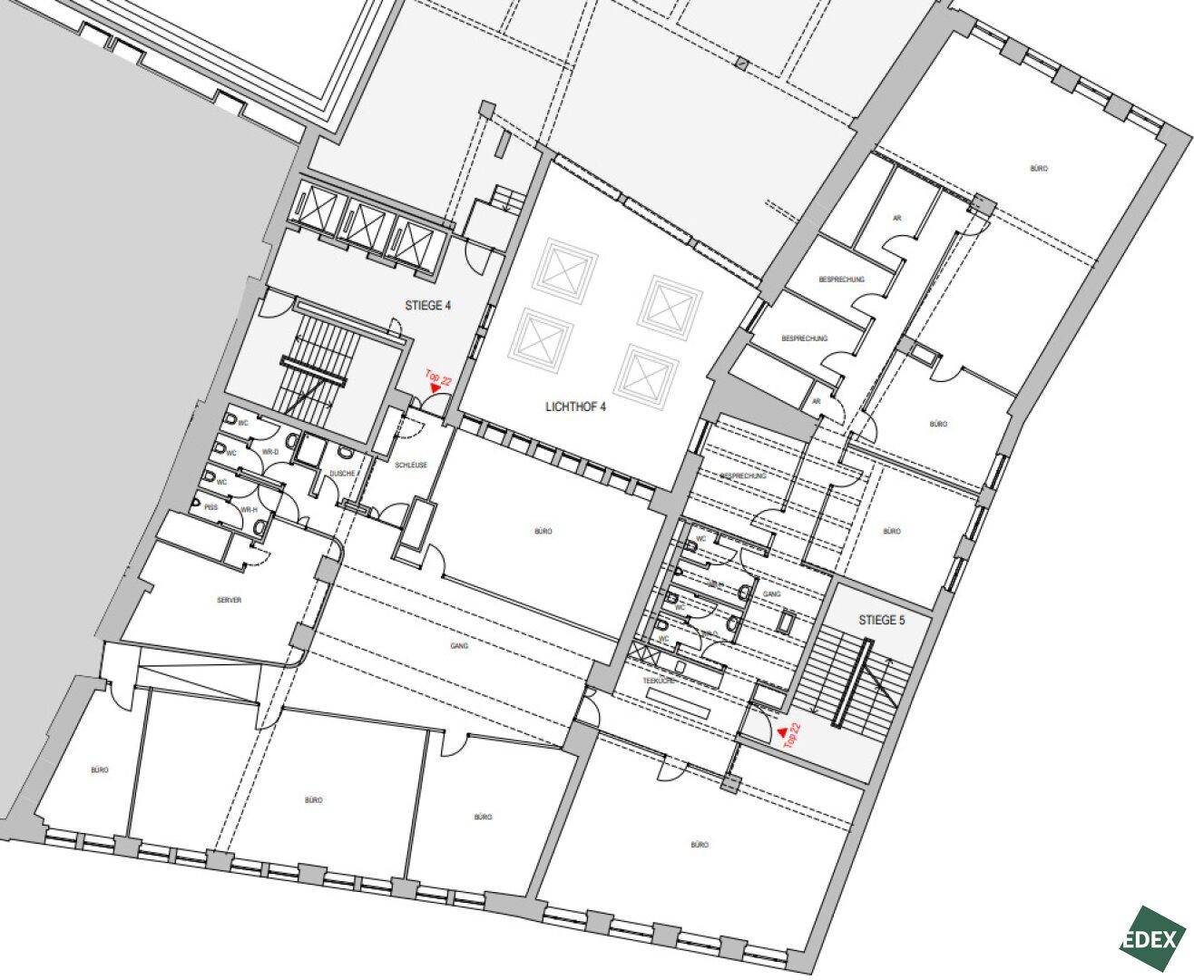 Detaillierter Grundriss einer Büroetage mit mehreren Büroräumen, Lichthöfen und Treppenhäusern.