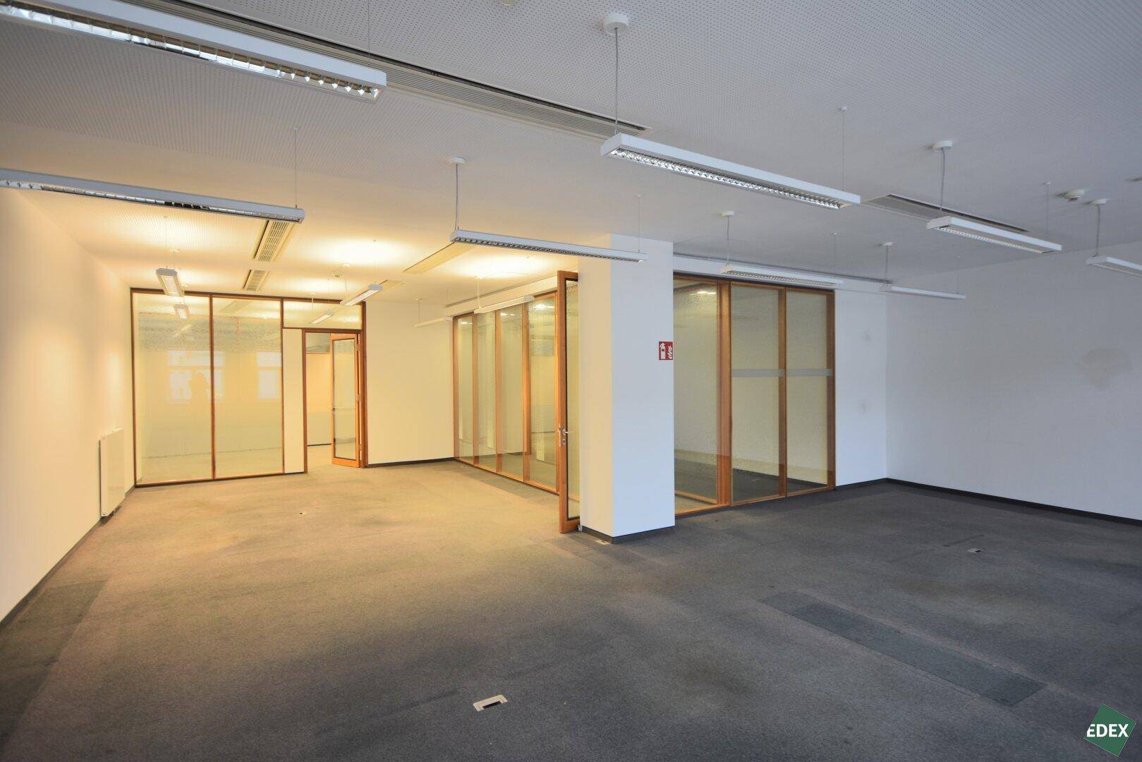 Offener Bürobereich mit Teppichboden und Glasabtrennungen, ideal für eine moderne Arbeitsumgebung.