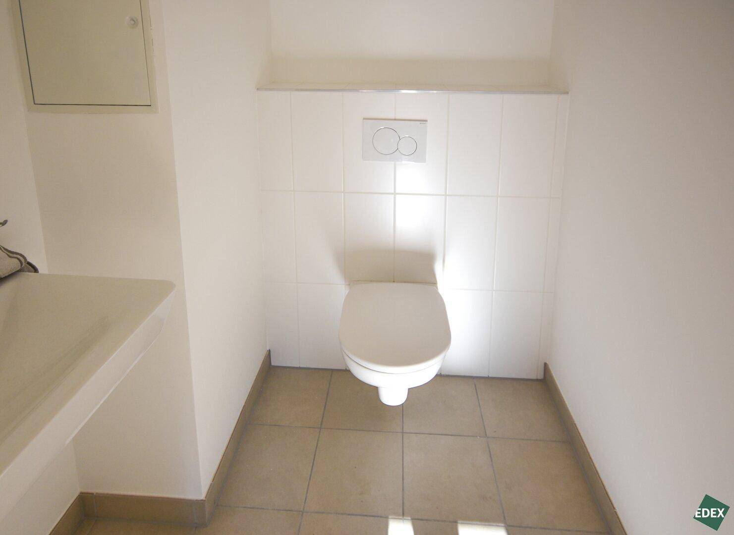 Modernes Gäste-WC mit Wand-WC und hellen Fliesen, sauber und funktional gestaltet.