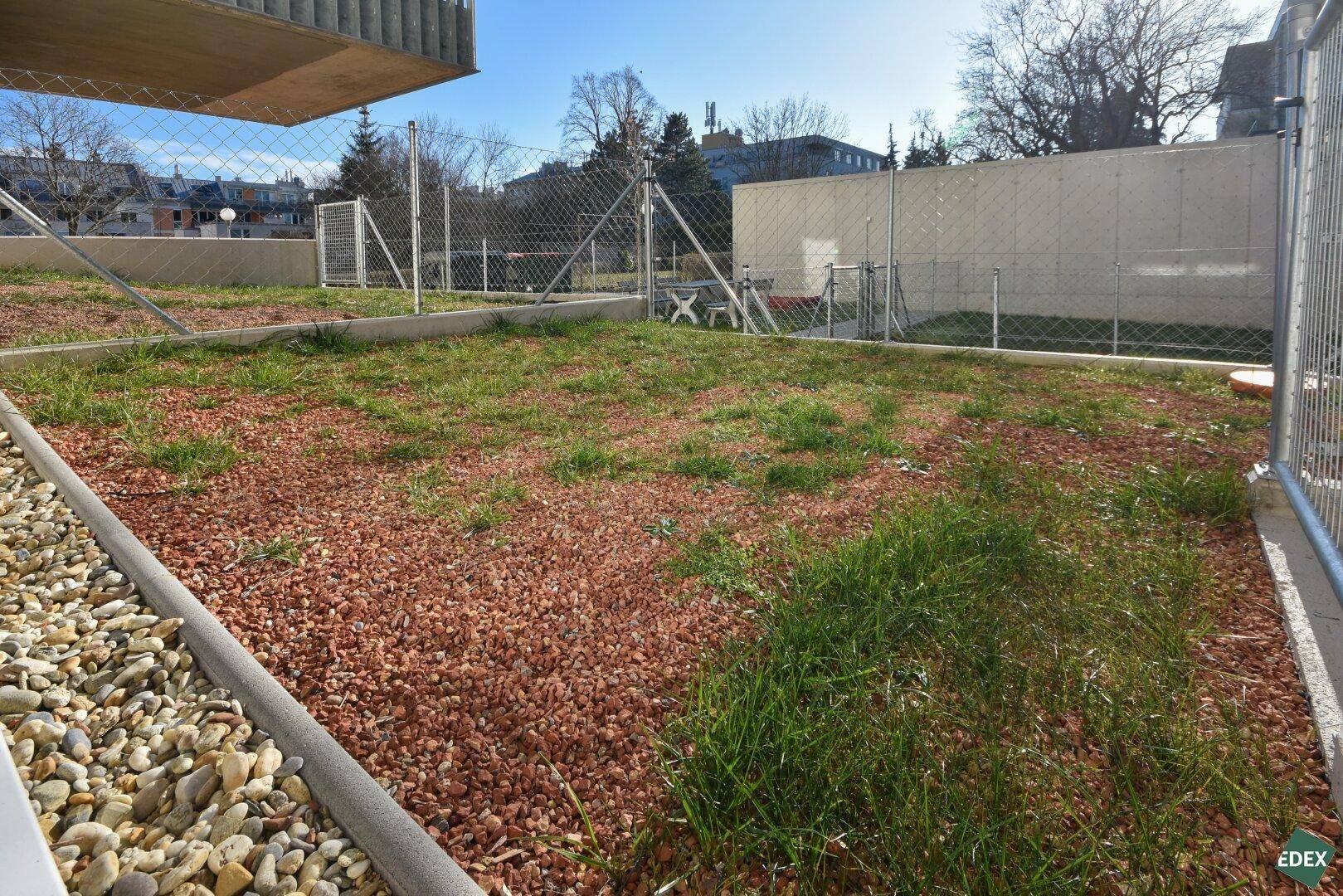 Kleiner Gartenbereich mit Kies und Gras, umzäunt und bereit zur Gestaltung.
