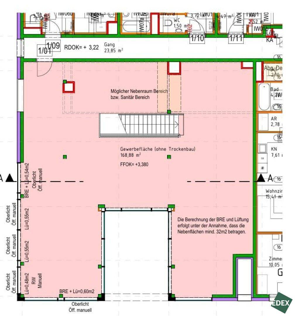 Grundriss des Erdgeschosses mit Gewerbefläche, Sanitärbereich und Treppenaufgang, übersichtlich dargestellt.