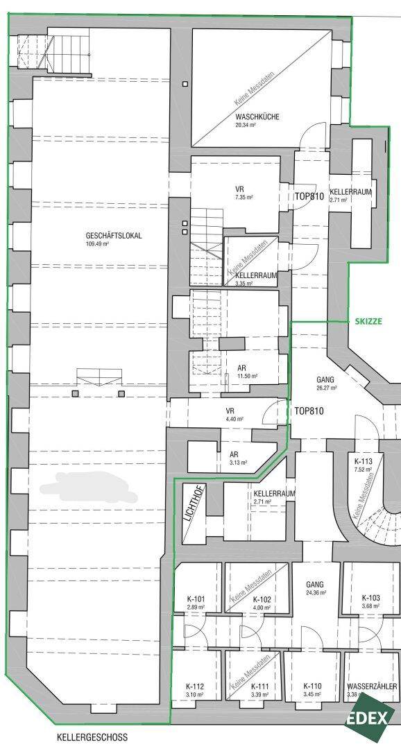 Detaillierter Grundriss des Kellergeschosses mit verschiedenen Kellerräumen, einem Geschäftslokal und Zugängen.