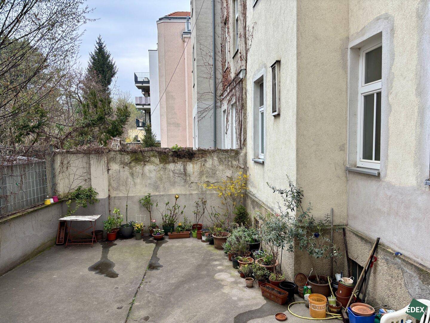 Kleiner Hinterhof mit Topfpflanzen und Betonboden, umgeben von einer Mauer.