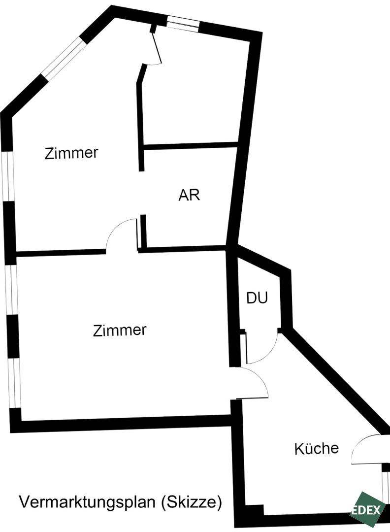 Grundrissplan zeigt die Aufteilung der Zimmer, Küche und Abstellraum.