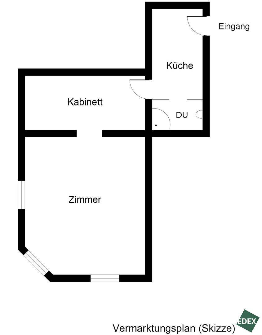 Einfacher Grundriss einer Wohnung mit Zimmer, Kabinett, Küche und Duschbad.