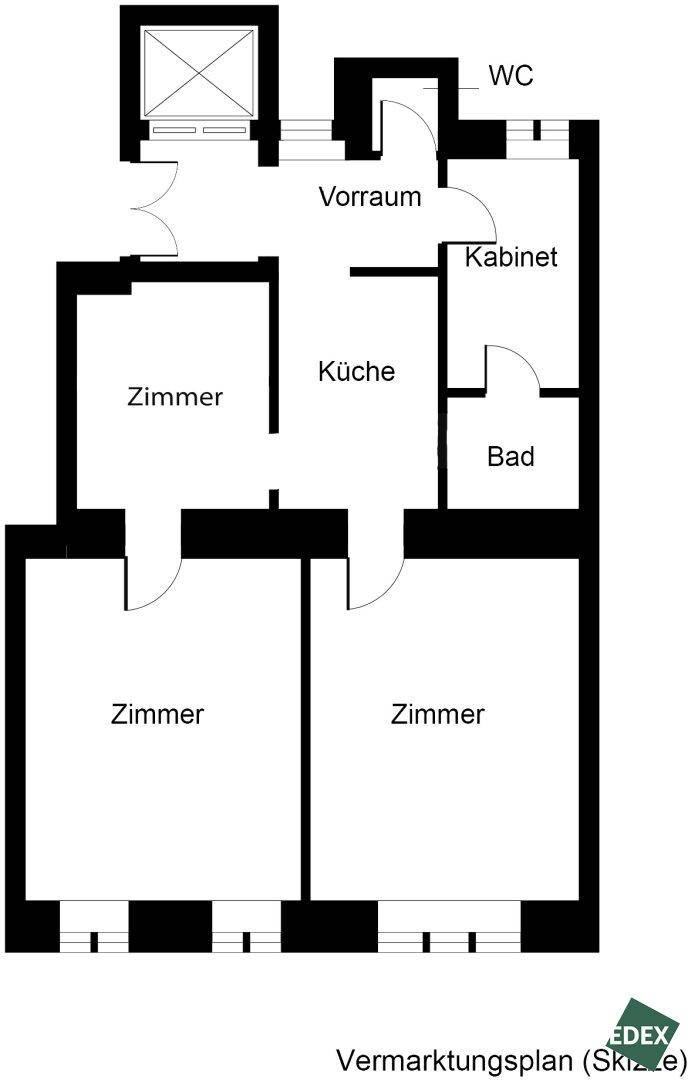 Grundrissplan einer Wohnung mit mehreren Zimmern, Küche, Bad und separatem WC.