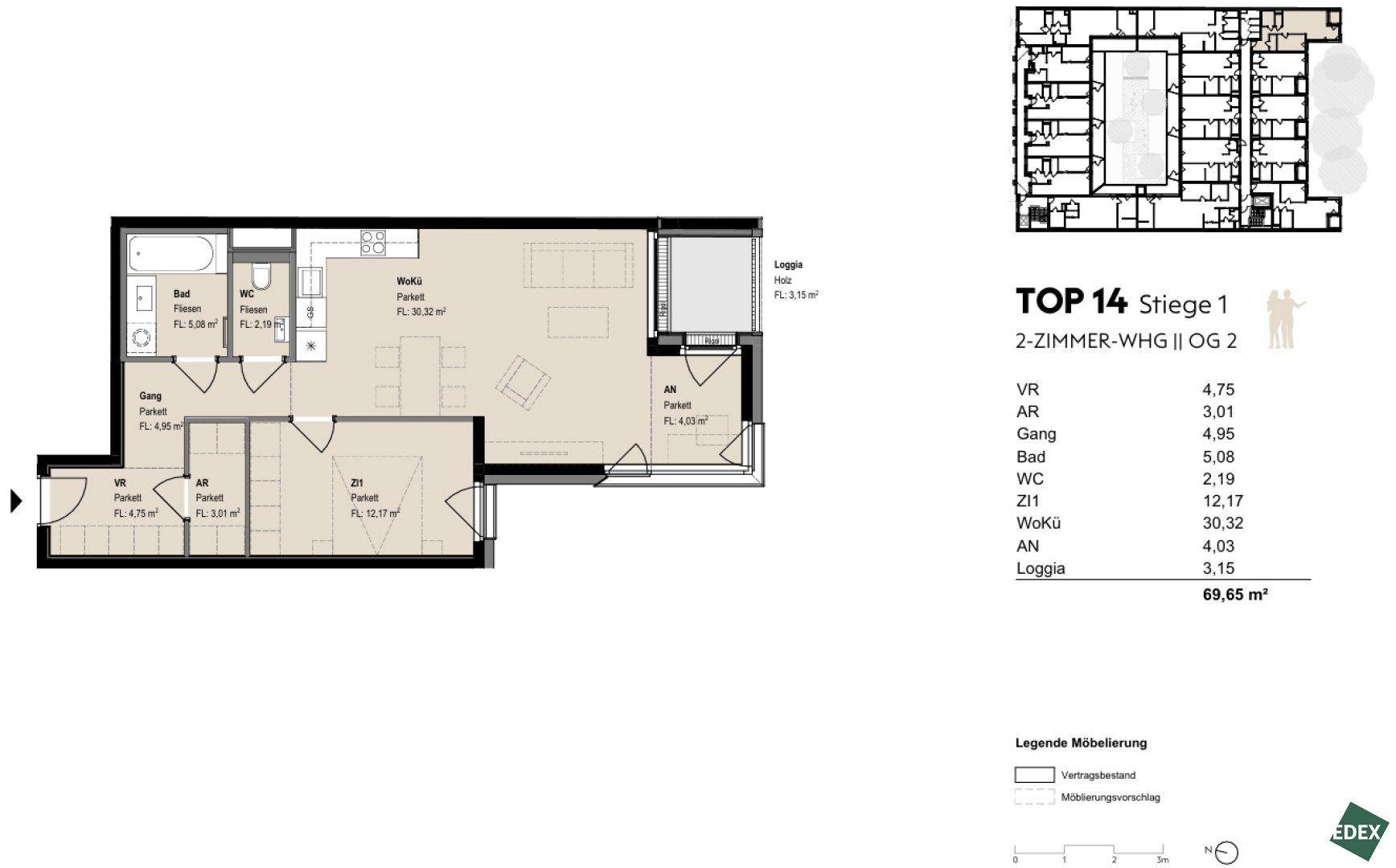 Grundriss der Wohnung Top 14 mit zwei Zimmern, Loggia und Gesamtfläche von 69,65 m².