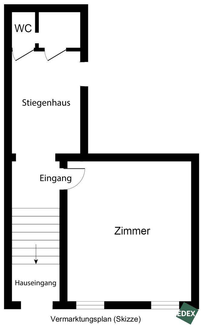 Einfacher Grundriss mit Eingangsbereich, Treppenhaus, WC und einem Zimmer.