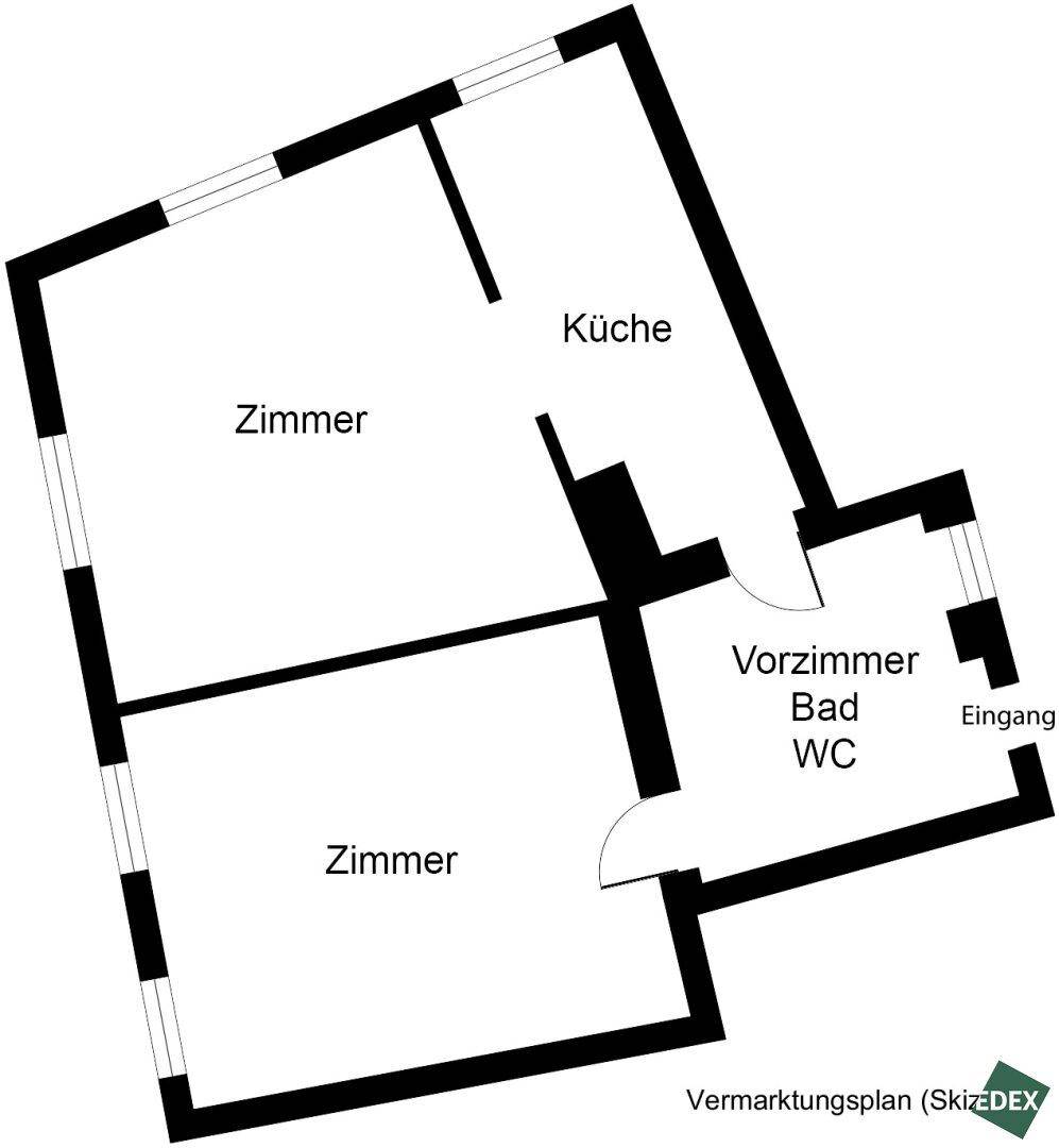 Grundrissplan einer Wohnung mit Eingangsbereich, Küche, Bad, separatem WC und zwei weiteren Zimmern.