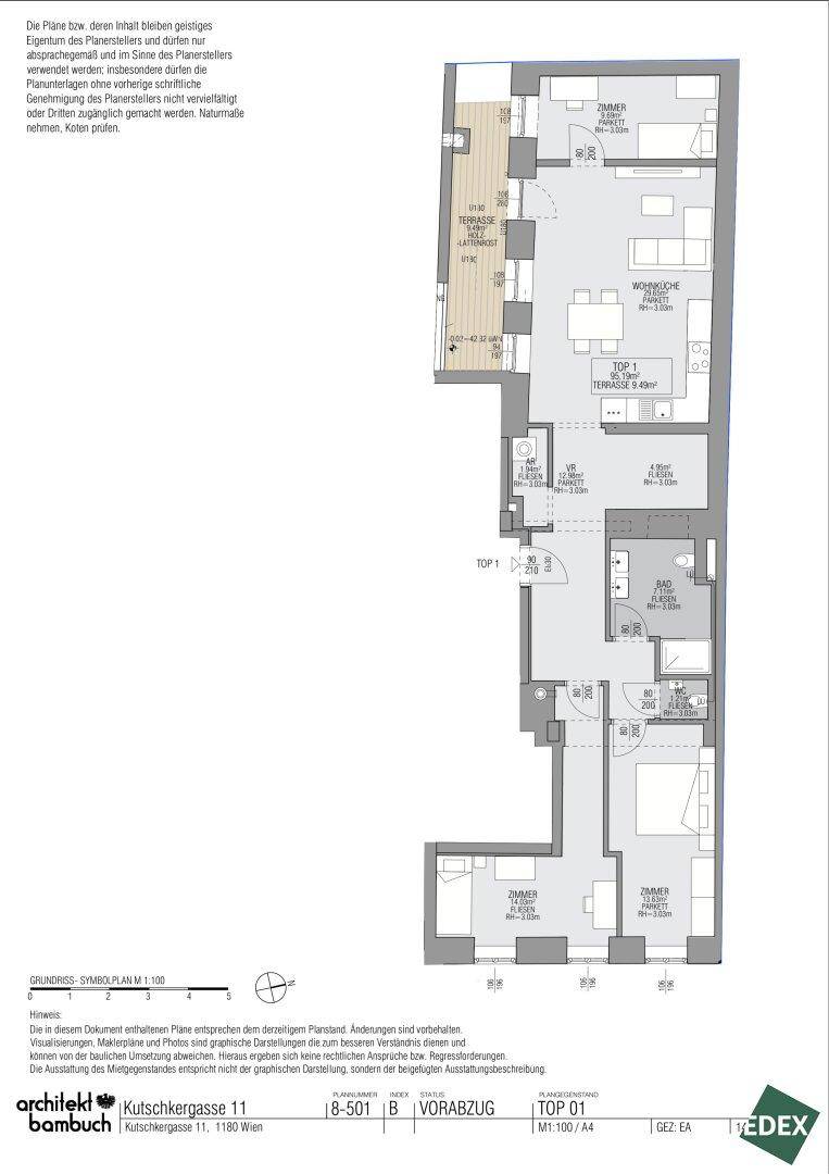 Grundriss der Wohnung TOP 1 mit offener Wohnküche, zwei Schlafzimmern und einer Terrasse.