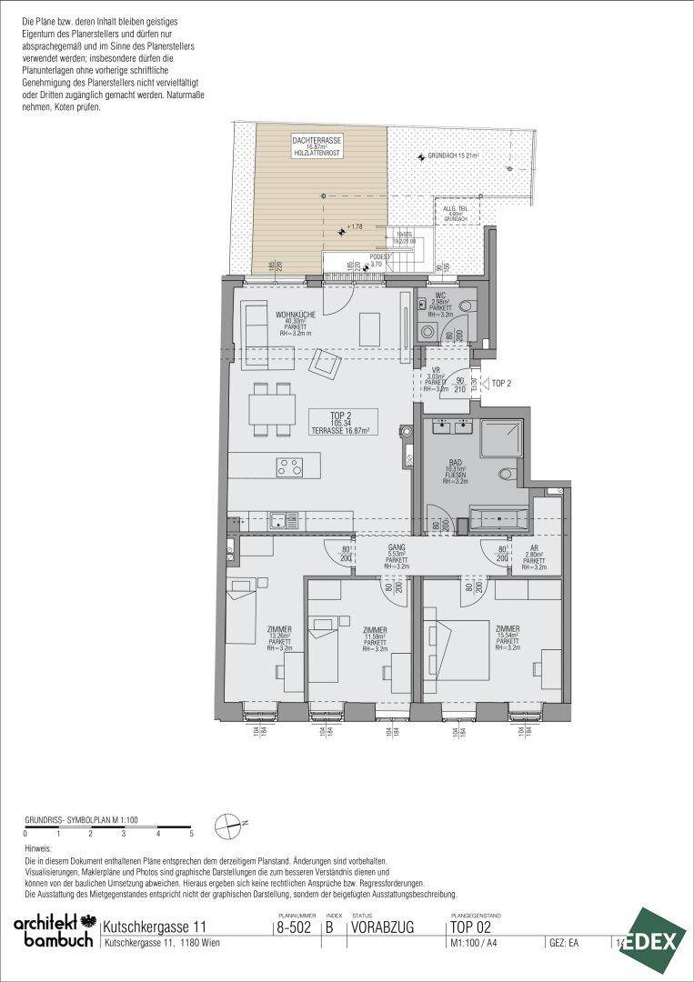Grundriss der Wohnung TOP 2 mit offener Wohnküche, drei Schlafzimmern und einer Dachterrasse.