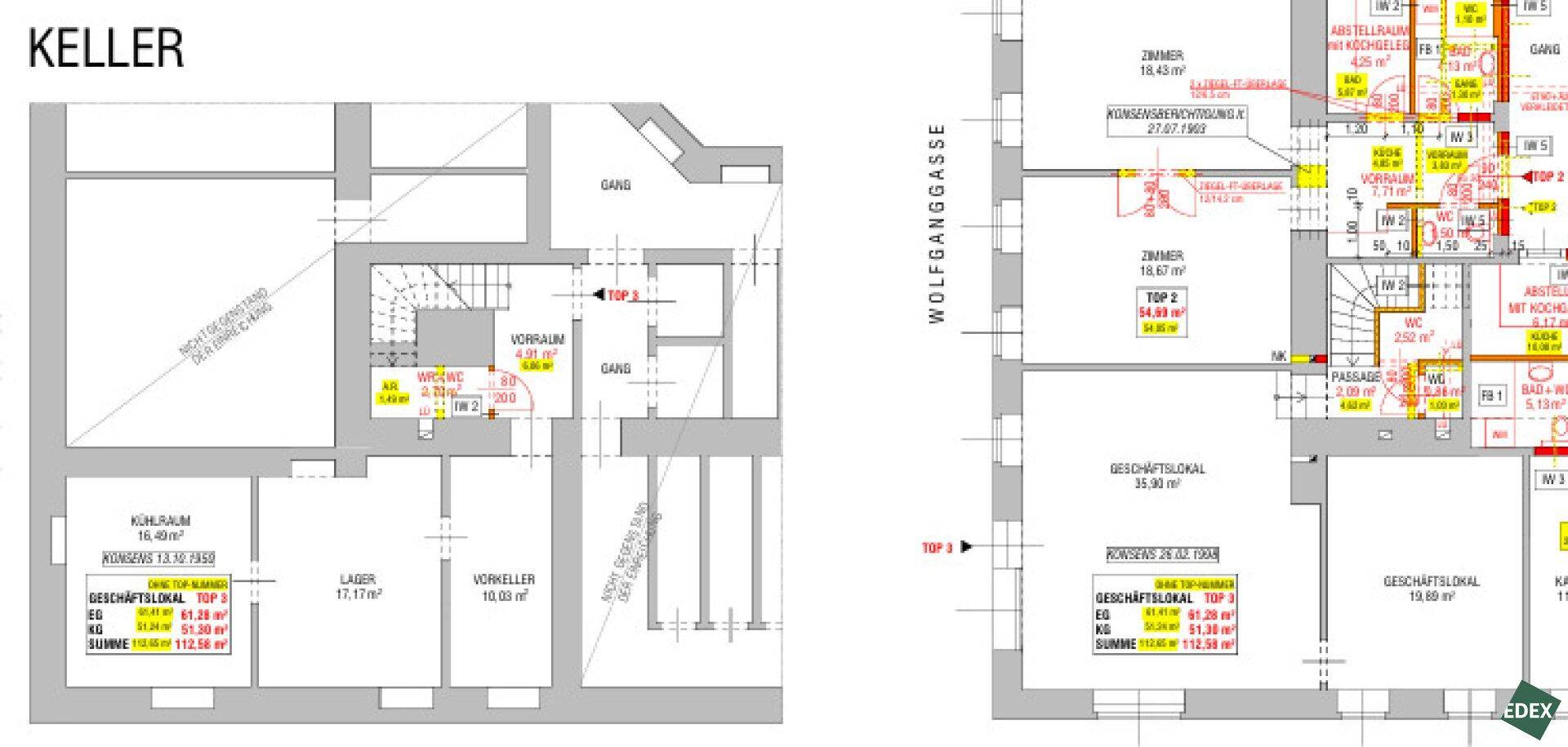 Detaillierter Grundriss des Kellers und Erdgeschosses mit verschiedenen Geschäftsflächen und Lagerräumen.