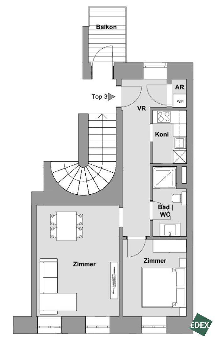 Grundriss der Wohnung Top 3 mit Balkon, Wohnzimmer, Schlafzimmer und Bad/WC.