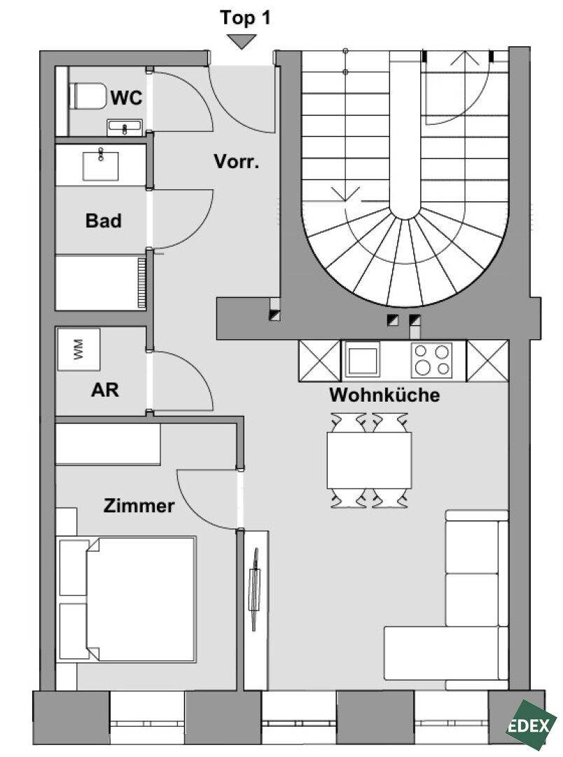 Grundriss einer Maisonette-Wohnung mit Wohnküche, Schlafzimmer, Bad und separatem WC.