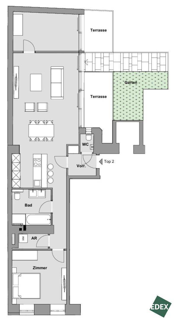 Langer Grundriss einer Wohnung mit Wohnküche, Schlafzimmer, Bad, zwei Terrassen und Garten.