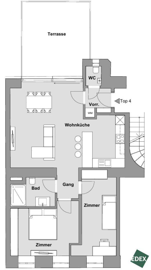 Grundriss einer Wohnung mit Wohnküche, zwei Schlafzimmern, Bad, separatem WC und Terrasse.