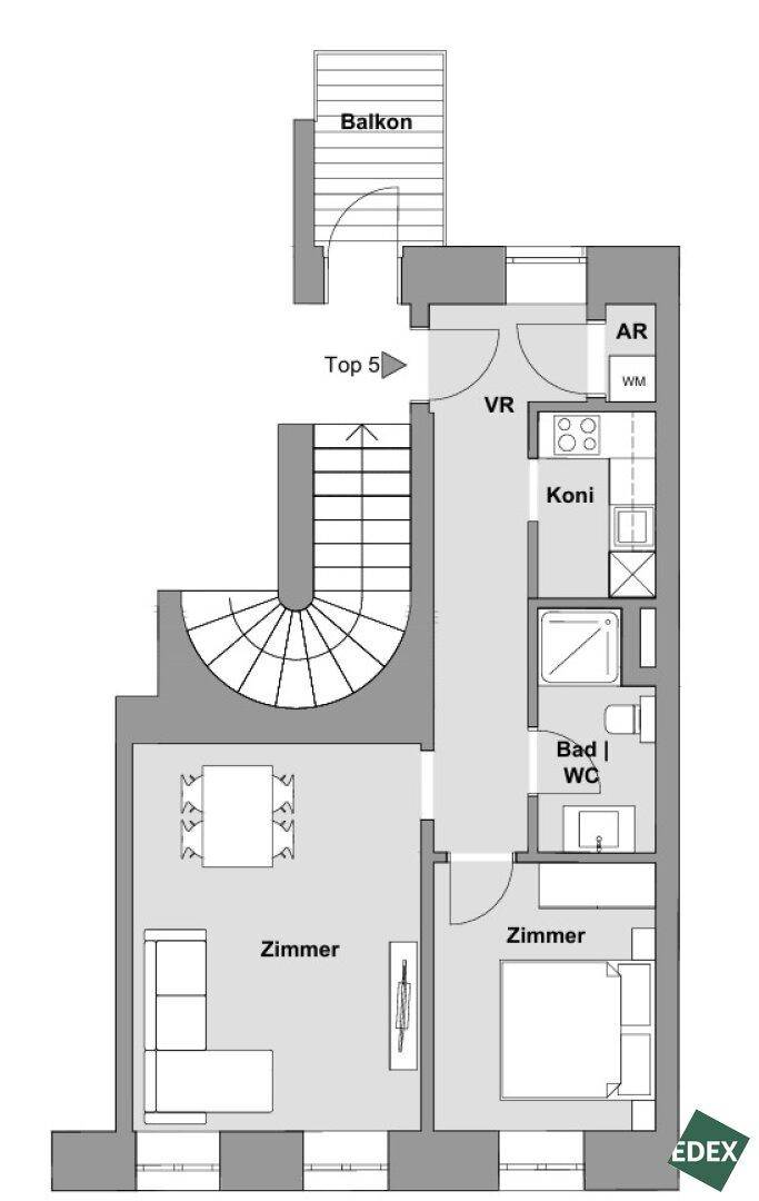 Grundriss einer Maisonette-Wohnung mit Balkon, zwei Zimmern, Bad und separatem WC.