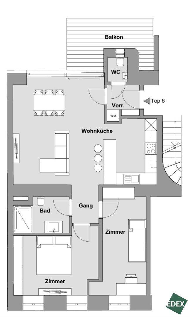 Grundriss einer Wohnung mit Wohnküche, zwei Schlafzimmern, Bad, separatem WC und Balkon.