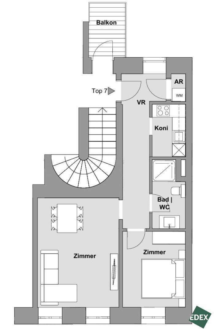 Grundriss einer Maisonette-Wohnung mit Balkon, zwei Zimmern, Bad und separatem WC.