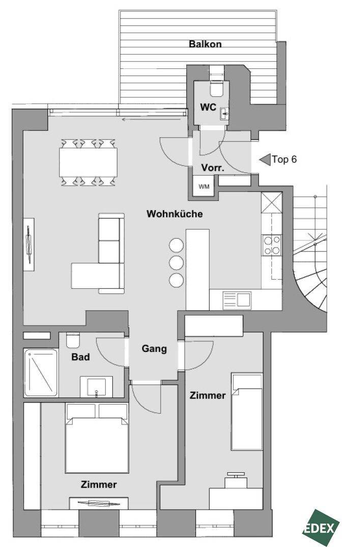 Grundriss einer Wohnung mit Wohnküche, zwei Schlafzimmern, Bad, separatem WC und Balkon.