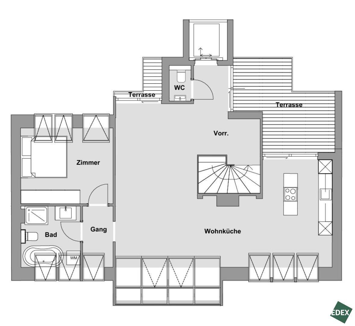 Grundriss einer Wohnung mit Wohnküche, Schlafzimmer, Bad, separatem WC und zwei Terrassen.