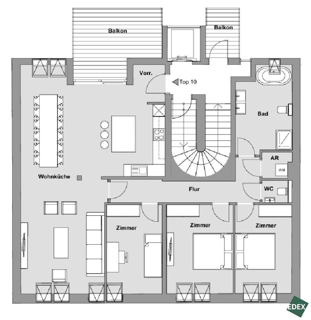 Grundriss einer großen Wohnung mit Wohnküche, drei Schlafzimmern, zwei Bädern und zwei Balkonen.