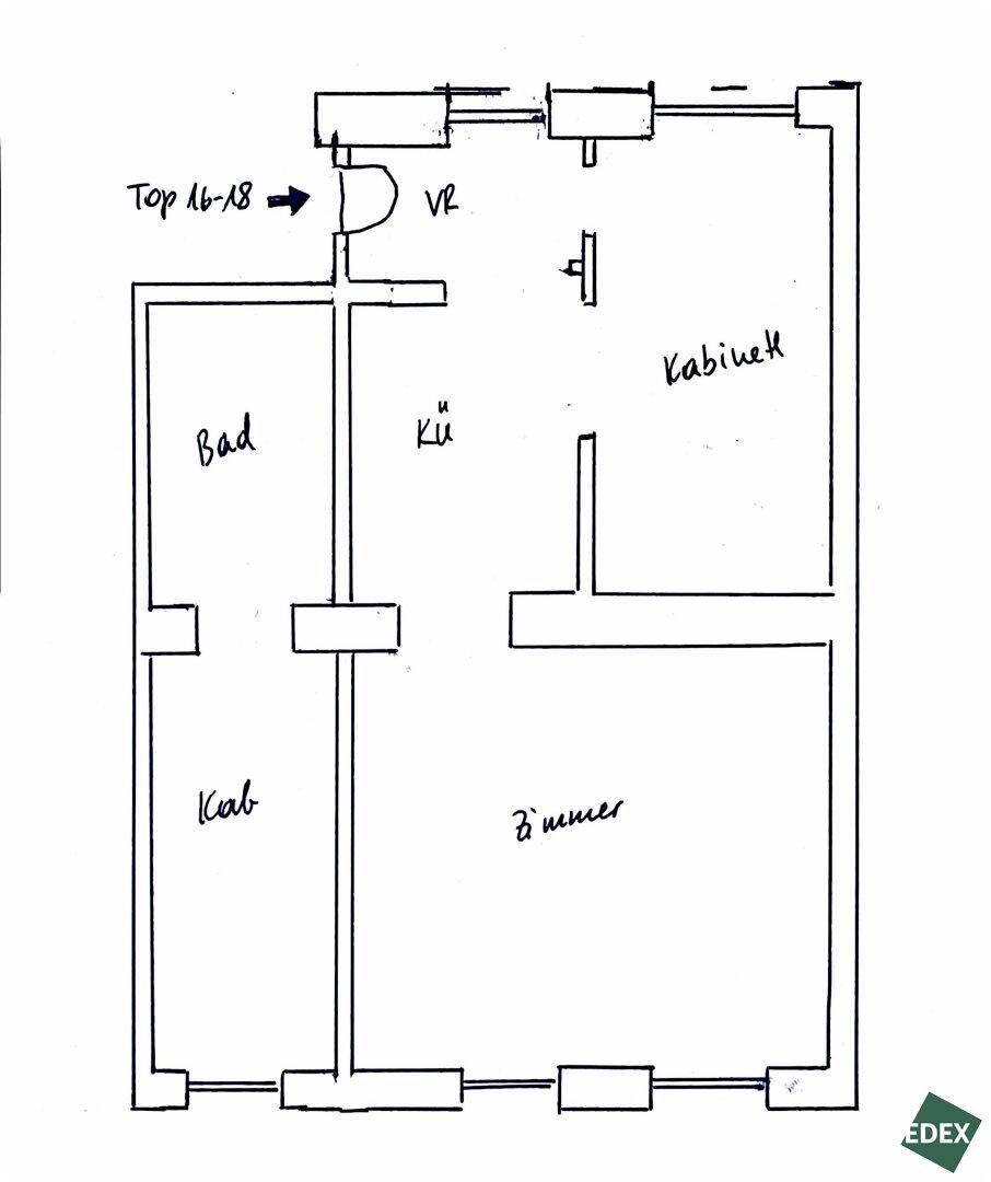 Handgezeichneter Grundriss einer Wohnung mit Zimmern, Bad und Küche.