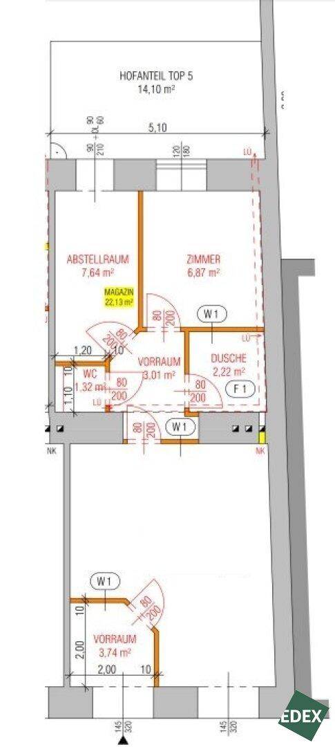 Grundrissplan zeigt einen Hofanteil mit Abstellraum, Zimmer, WC und Dusche.