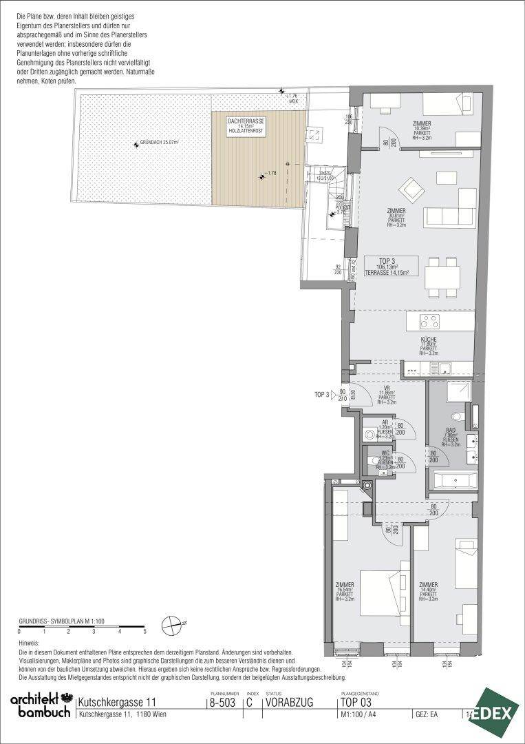 Grundriss der Einheit TOP 03 mit offenem Wohnbereich, zwei Schlafzimmern, zwei Bädern, separatem WC, Terrasse und Dachterrasse.