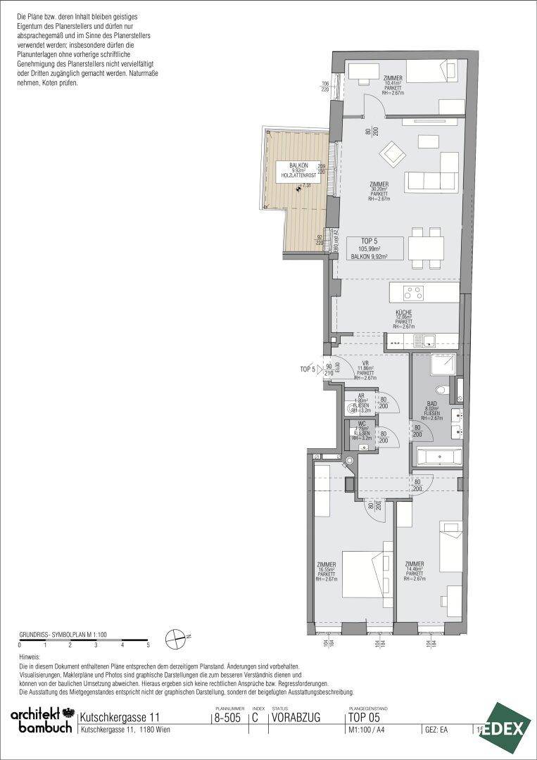 Grundriss der Einheit TOP 05 mit offenem Wohnbereich, zwei Schlafzimmern, zwei Bädern, separatem WC und Balkon.
