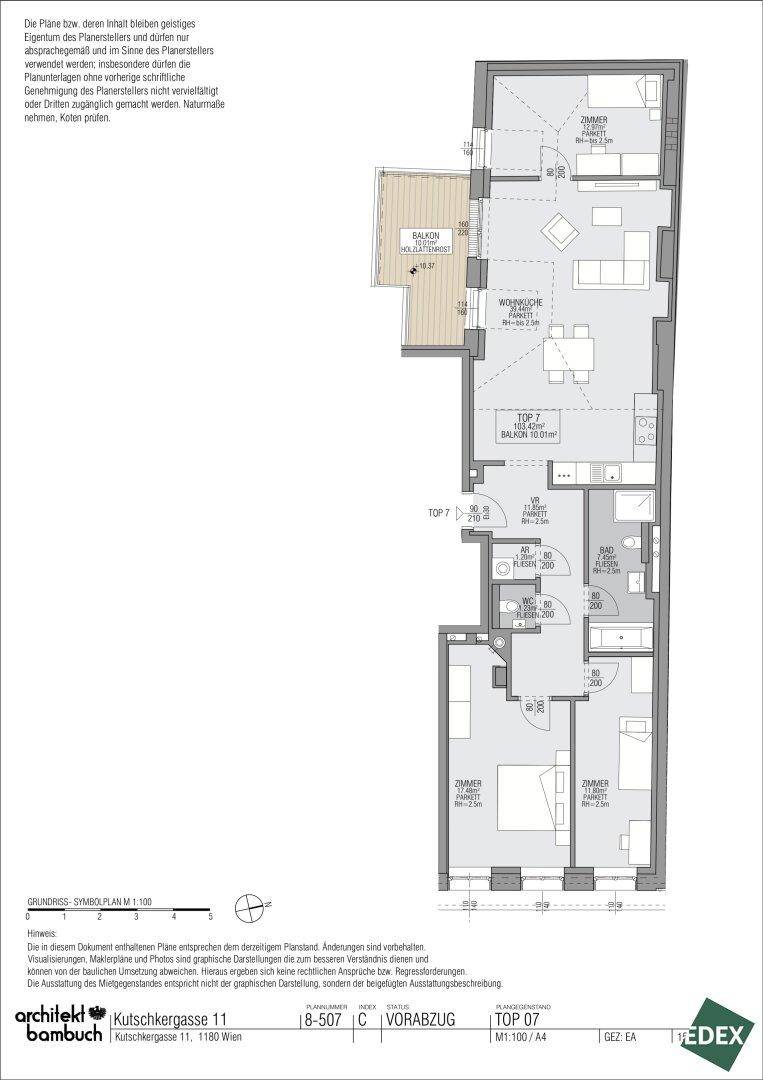 Grundriss der Einheit TOP 07 mit offenem Wohnbereich, zwei Schlafzimmern, zwei Bädern, separatem WC und Balkon.