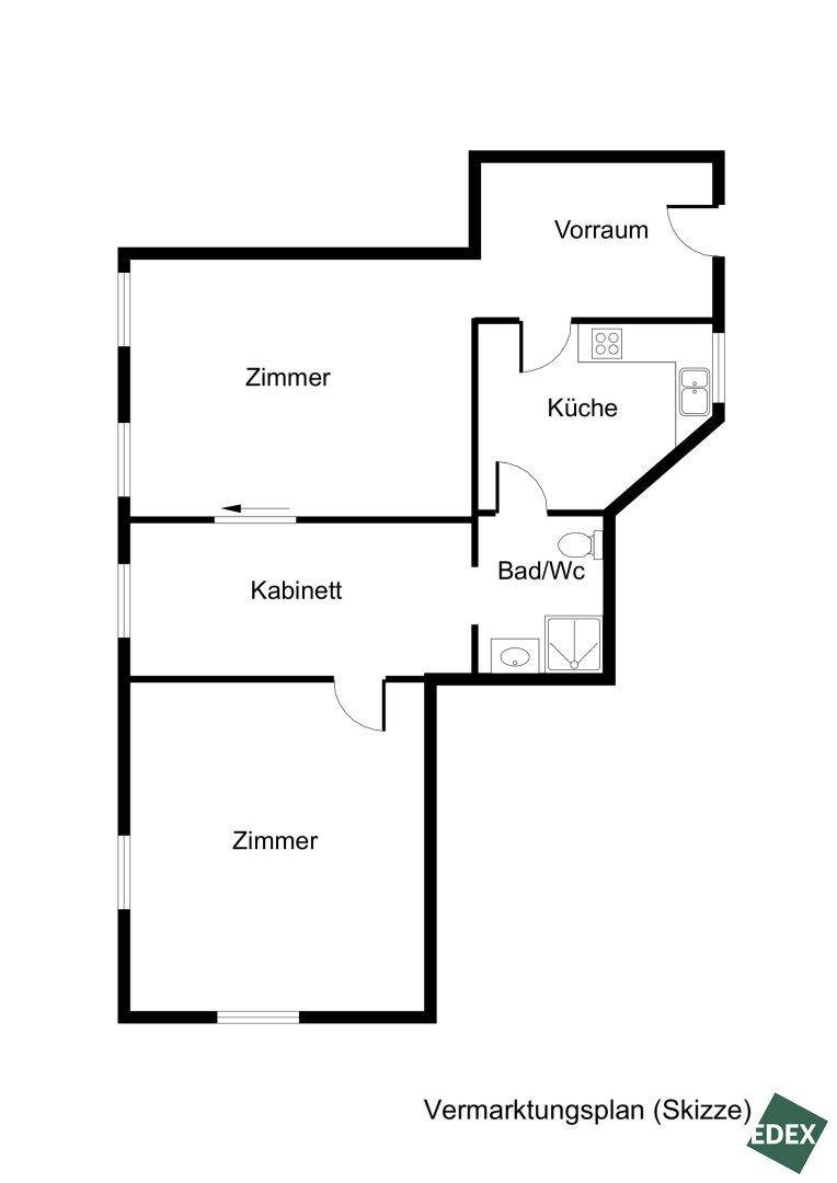 Grundrissplan zeigt die Aufteilung der Zimmer, Küche und Bad/WC der Wohnung.