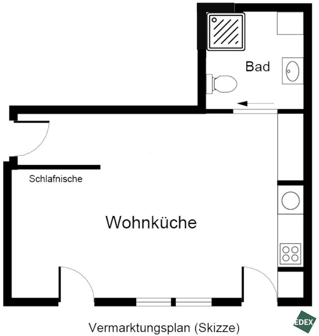 Grundriss einer Wohnung mit Wohnküche, Schlafbereich und Badezimmer.