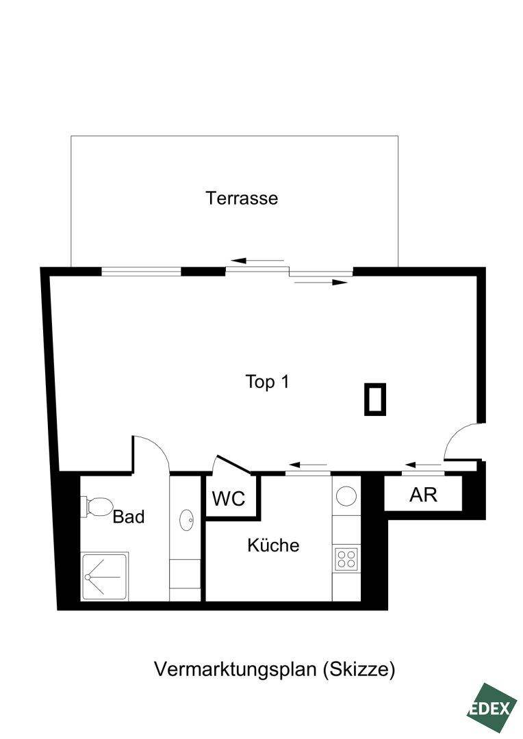 Grundriss der Wohnung Top 1 mit Terrasse, Küche, Bad und separatem WC sowie Abstellraum.