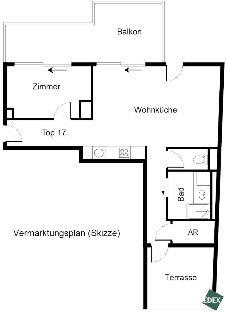 Grundriss der Wohnung Top 17 mit Balkon, Terrasse, Wohnküche, Zimmer, Bad und Abstellraum.