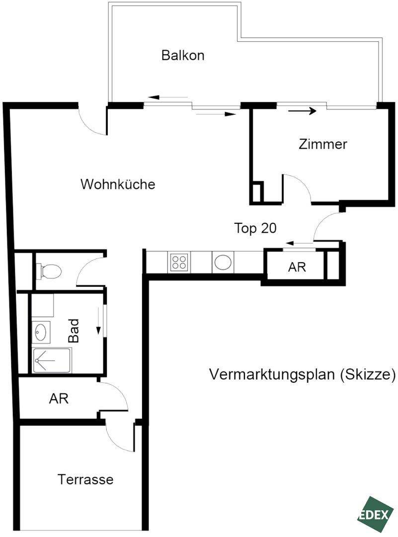 Grundriss der Wohnung Top 20 mit Balkon, Terrasse, Wohnküche, Zimmer, Bad und Abstellraum.